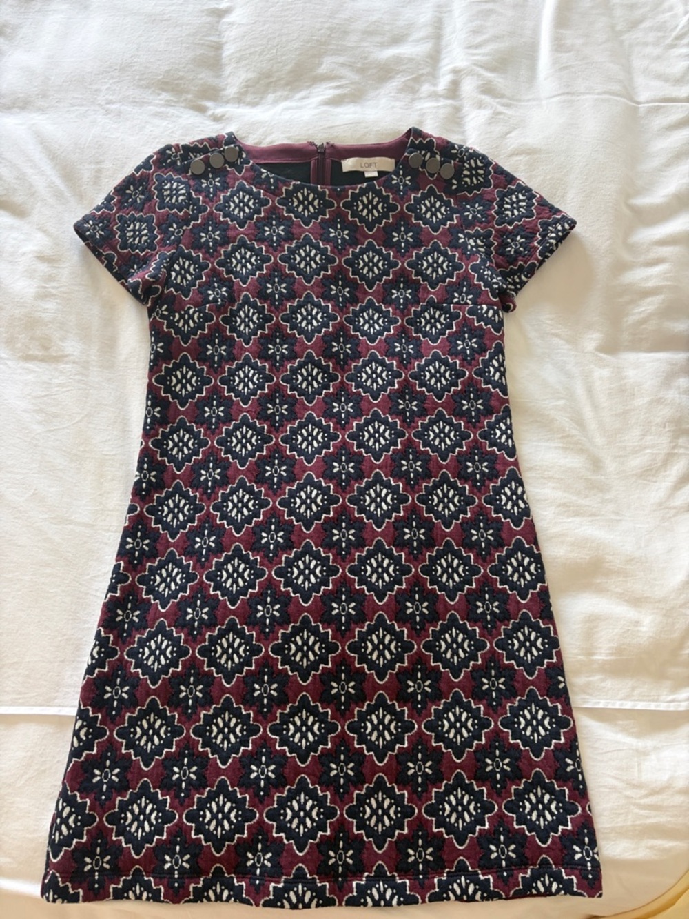 LOFT Burgundy and Navy Geometric Short Sleeve Dress
